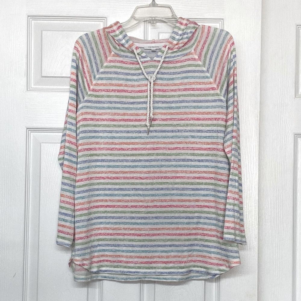 T by Talbots Lounge Wear Active Swim Cover Pastel Striped Hooded Soft Top Sz M